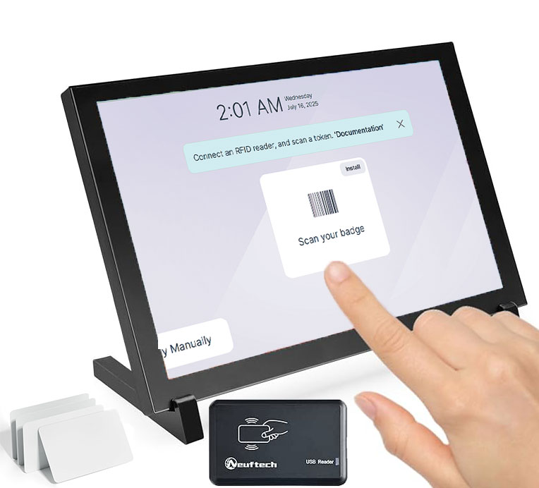 Marcatempo presenze con lettore Badge RF-Id per Odoo e per tutti i gestionali HR. Schermo touch 8''.